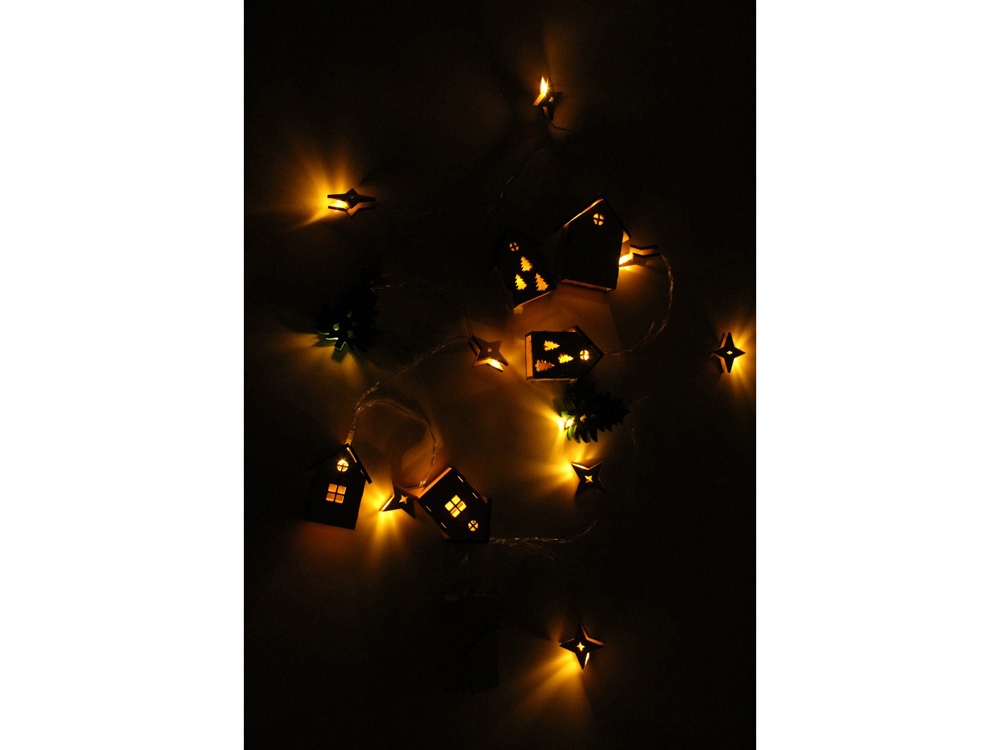 картинка Елочная гирлянда с лампочками Новогодняя в деревянной подарочной коробке 